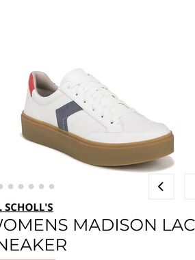 Dr. Scholl's White Leather Sneaker with Navy and Red Accents